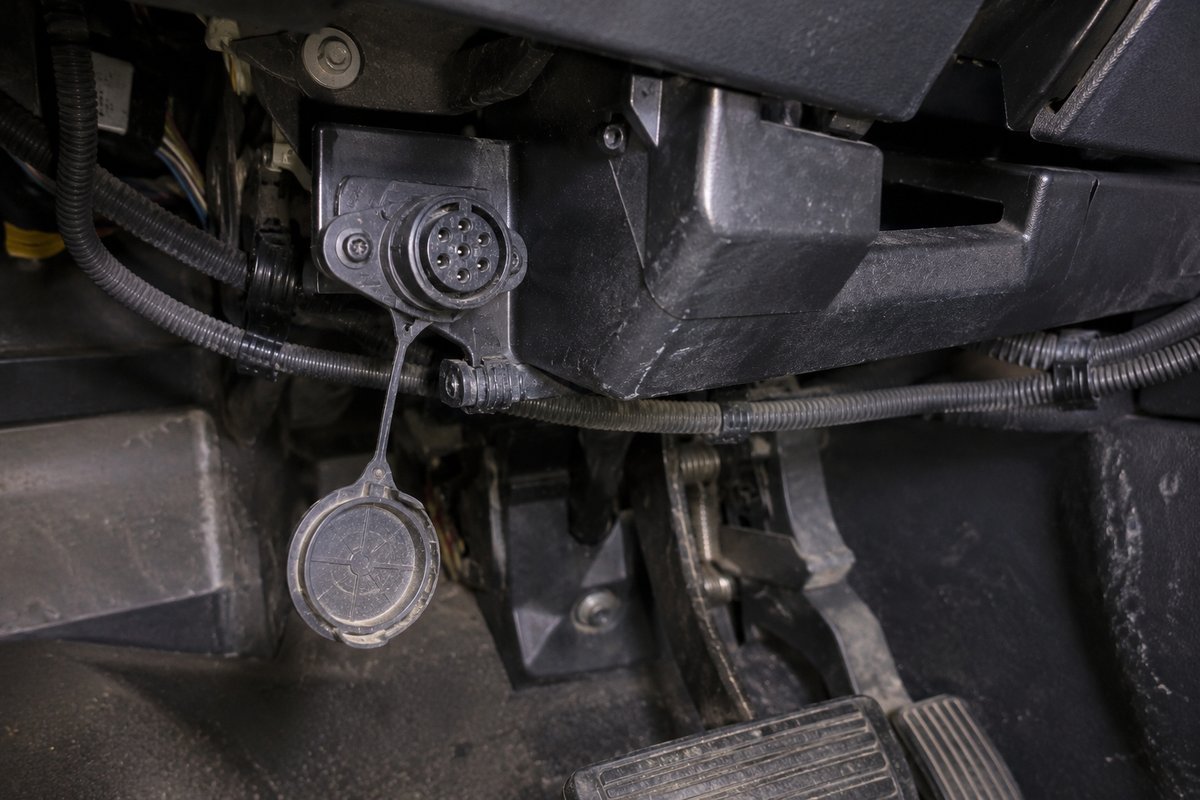 Capped factory tow-package connector hanging unused under a truck dash near the brake controller wiring harness