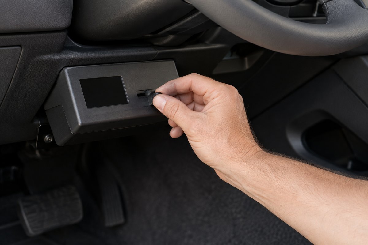 A hand sliding the manual override lever on an under dash trailer brake controller, the control used to set the gain on a proportional brake controller
