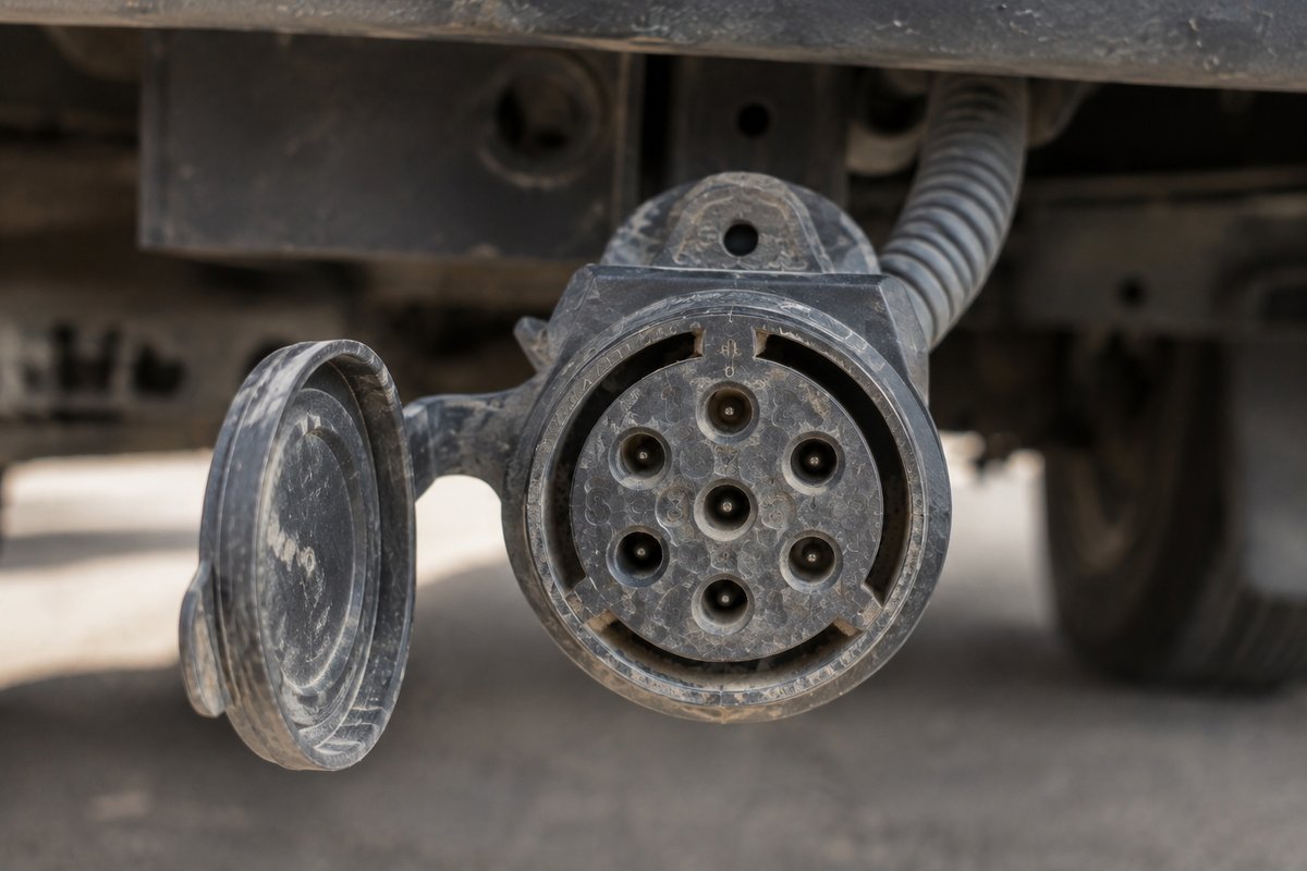 7-way trailer connector used with brake controller wiring, cap open showing pins