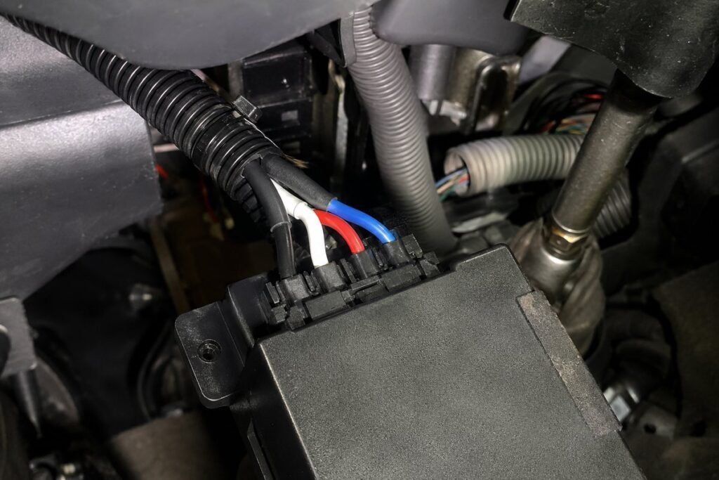 Brake controller wiring diagram: black, white, red and blue wires at the connector under the dash