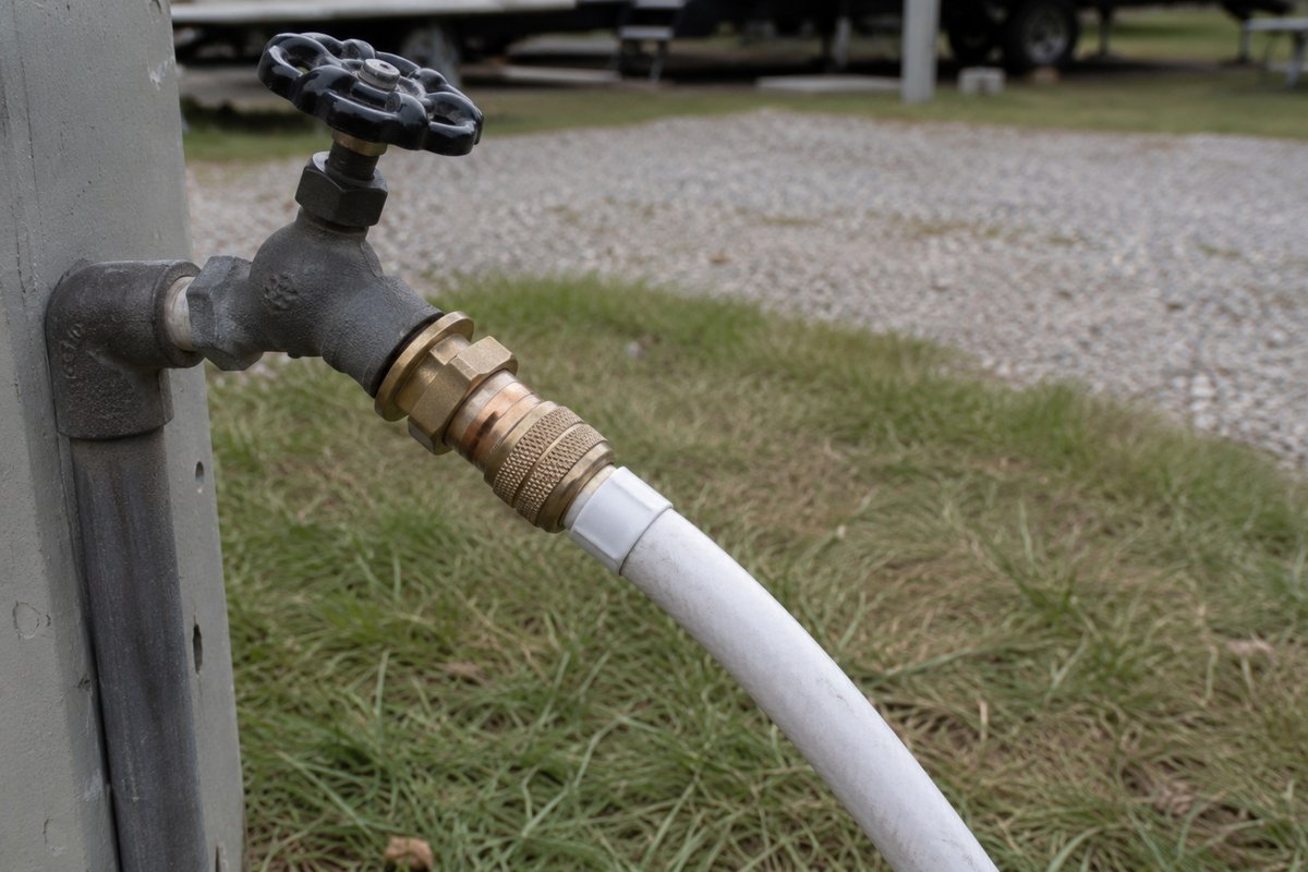 Brass RV water pressure regulator screwed onto a campsite water spigot with a white hose attached after it