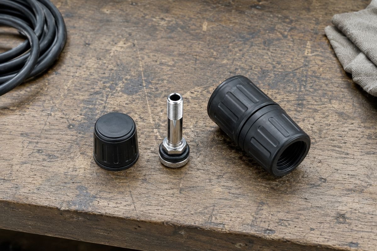 A compact cap style tire pressure sensor and a larger flow through sensor lying beside a chrome metal valve stem on a scratched wooden workbench