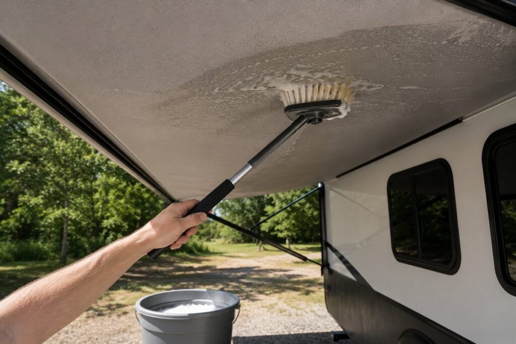 Hand scrubbing soap onto the underside of an extended RV awning with a bucket of soapy water below