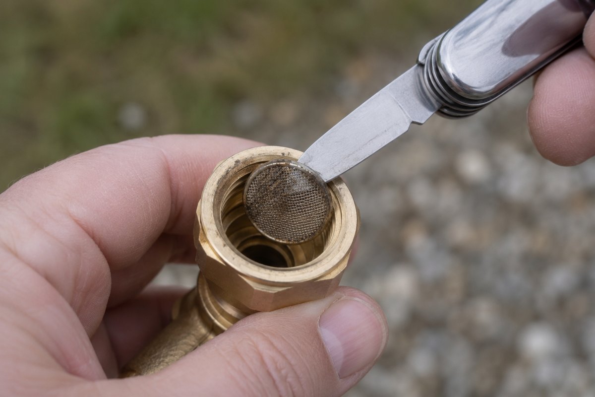 Brass inlet screen clogged with rust-colored silt and white scale lying beside the open end of a water pressure regulator
