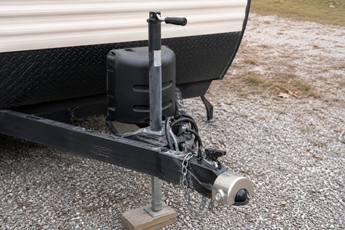 Metal coupler lock clamped over the ball socket on an unhitched travel trailer tongue with the jack down