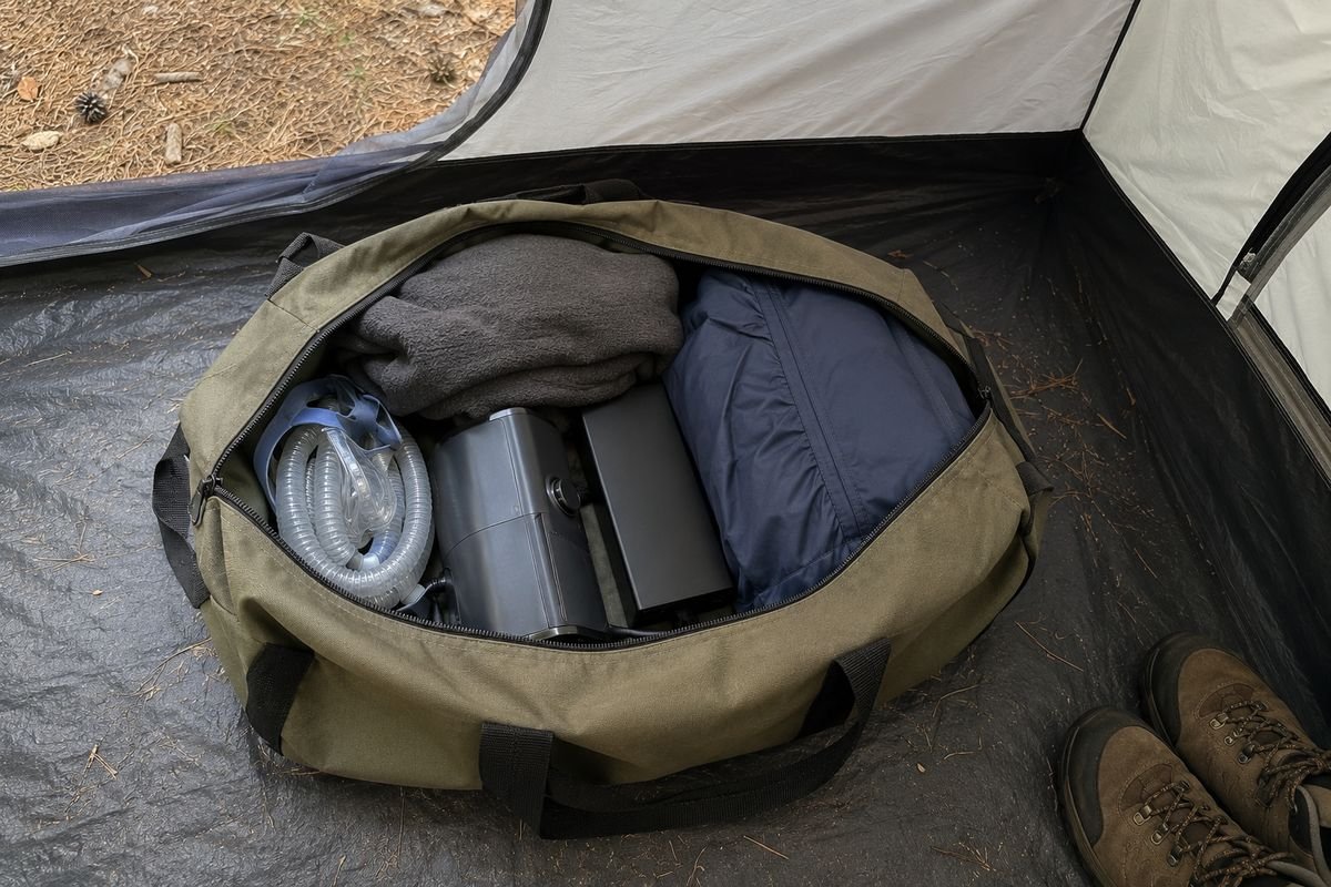 CPAP machine, hose and a battery pack packed into a duffel bag on a tent floor