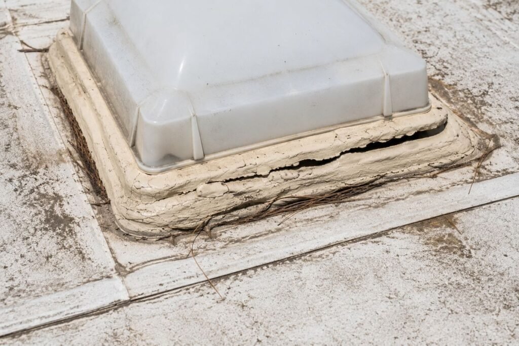 Cracked RV roof sealant splitting away from the flange of a roof vent