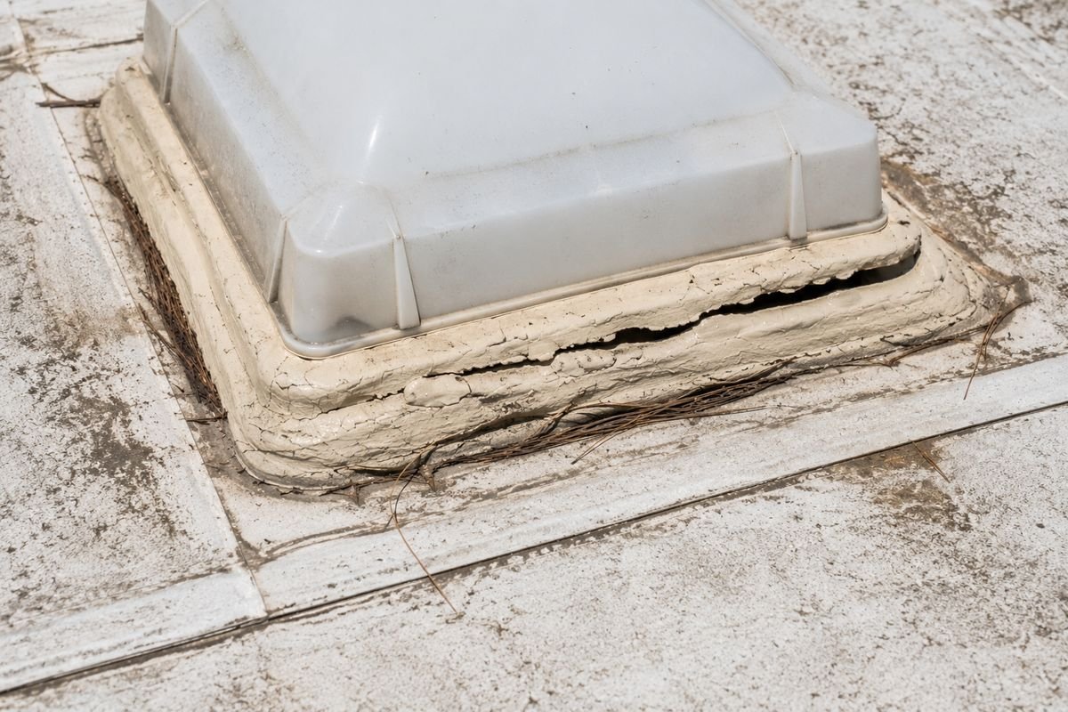 Cracked and shrunken RV roof sealant around the base of a roof vent, with an open gap running along one side