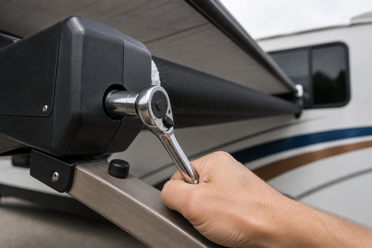 A socket wrench on the manual override nut of an electric RV awning drive head, with the rubber plug removed, the hidden fitting that retracts a powered awning when the battery is dead