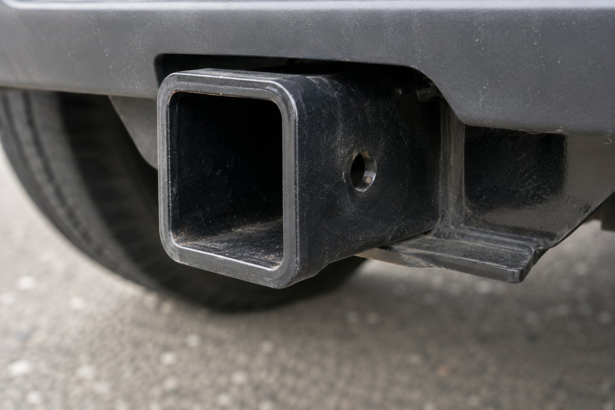 Empty square hitch receiver tube on a pickup truck with the round pin hole through the tube wall visible