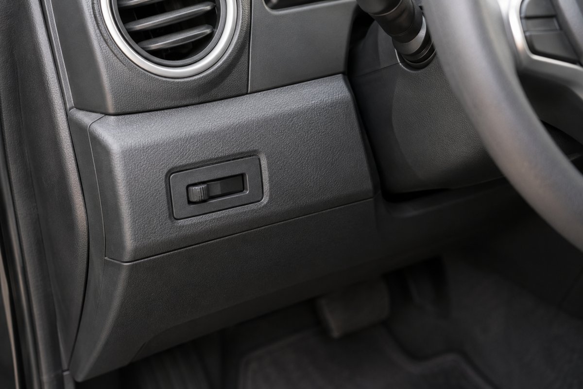 A factory integrated trailer brake controller built into a pickup dashboard, with no separate box mounted under the dash