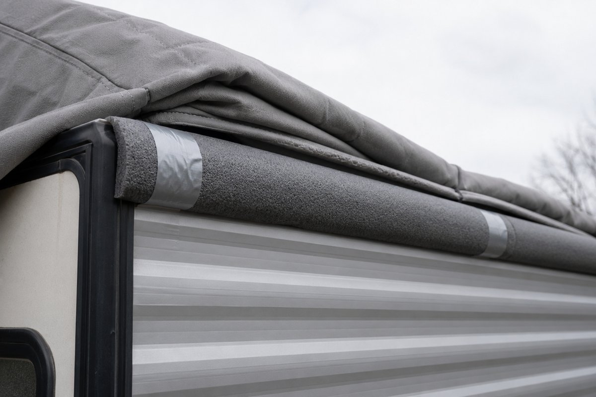 Foam pipe insulation taped along the aluminum drip rail at the roof edge of a travel trailer, with the RV cover folded back over the roof before being pulled down
