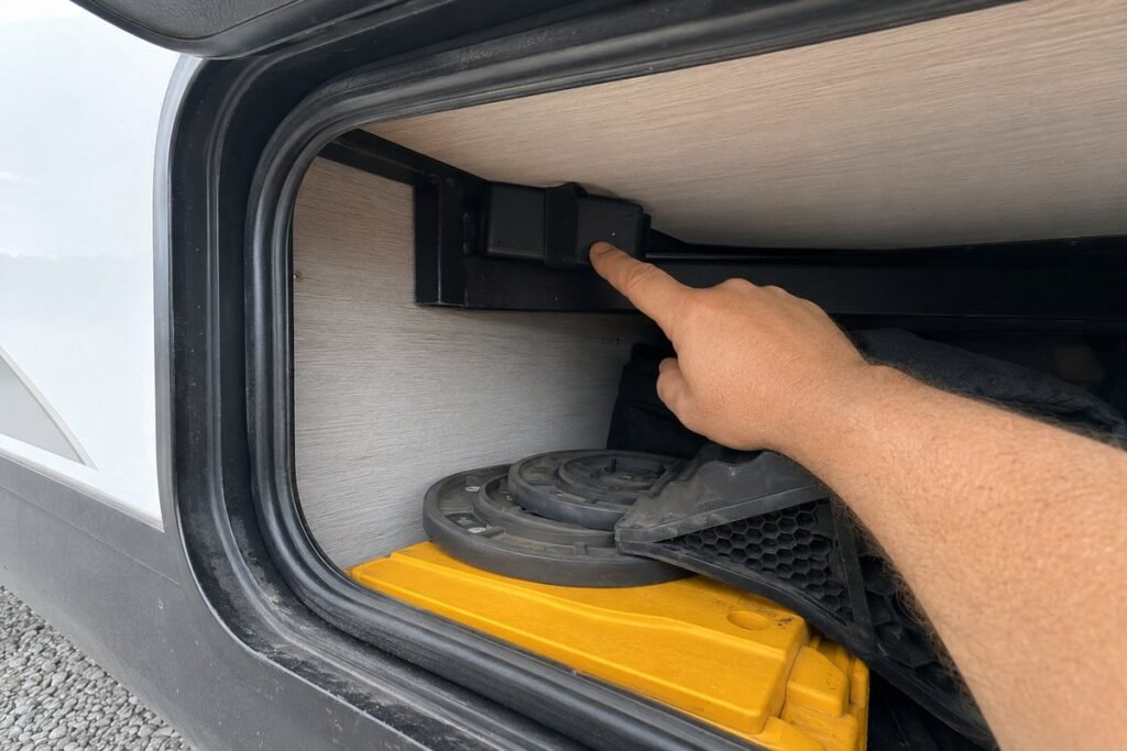 GPS tracker strapped out of sight in the front storage compartment of a travel trailer