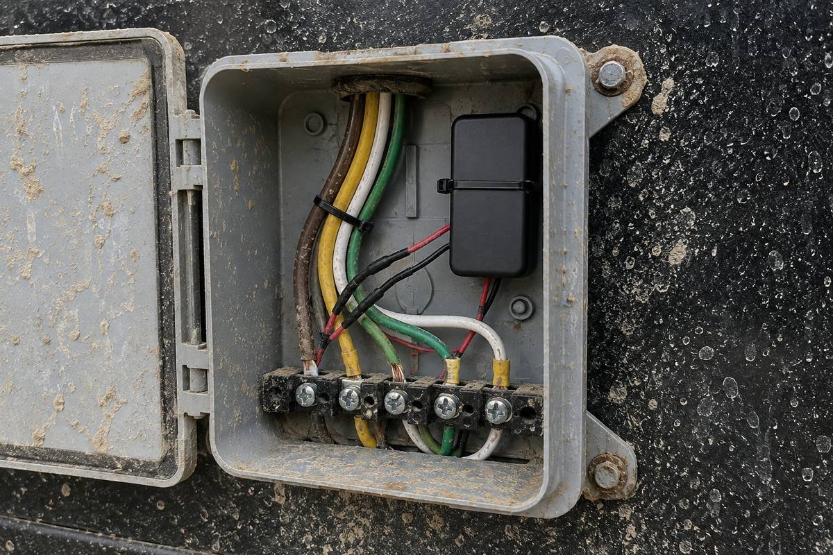 GPS tracker cable-tied inside a travel trailer wiring junction box with its leads spliced into the wire bundle