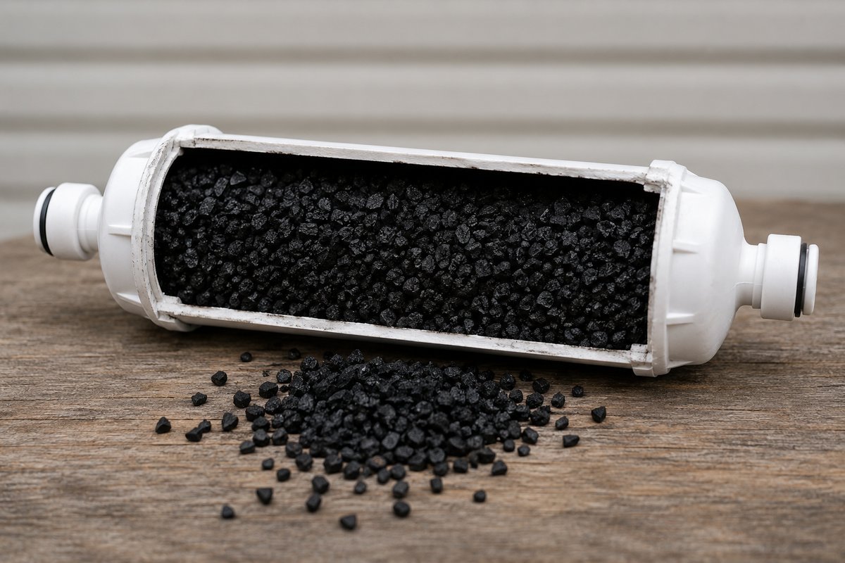 An RV inline water filter cut open showing the loose black carbon granules packed inside, with granules spilled on the bench