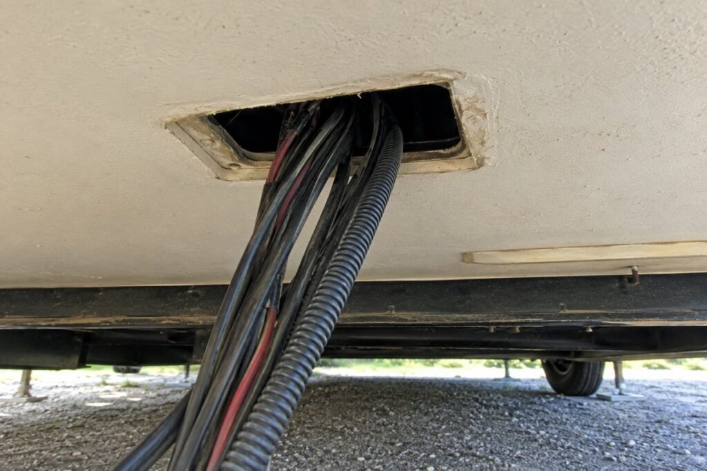 Open hole where the wiring harness enters an RV floor, a way for mice to get in