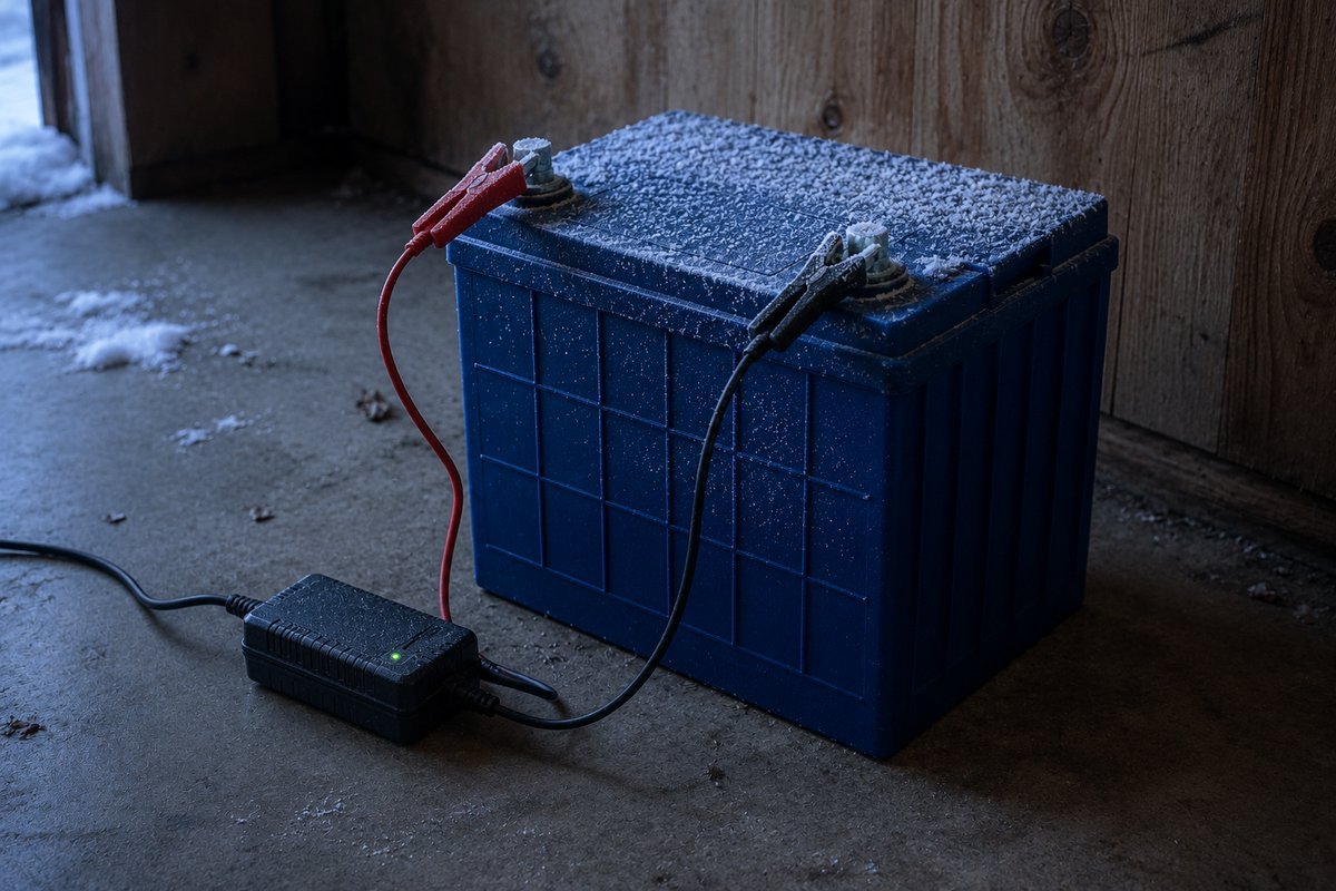 A frost-covered blue lithium RV battery on the concrete floor of an unheated storage building, with a battery maintainer clipped to its terminals and its charging light lit.