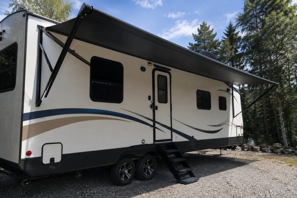 A manual RV awning extended along the sidewall of a travel trailer