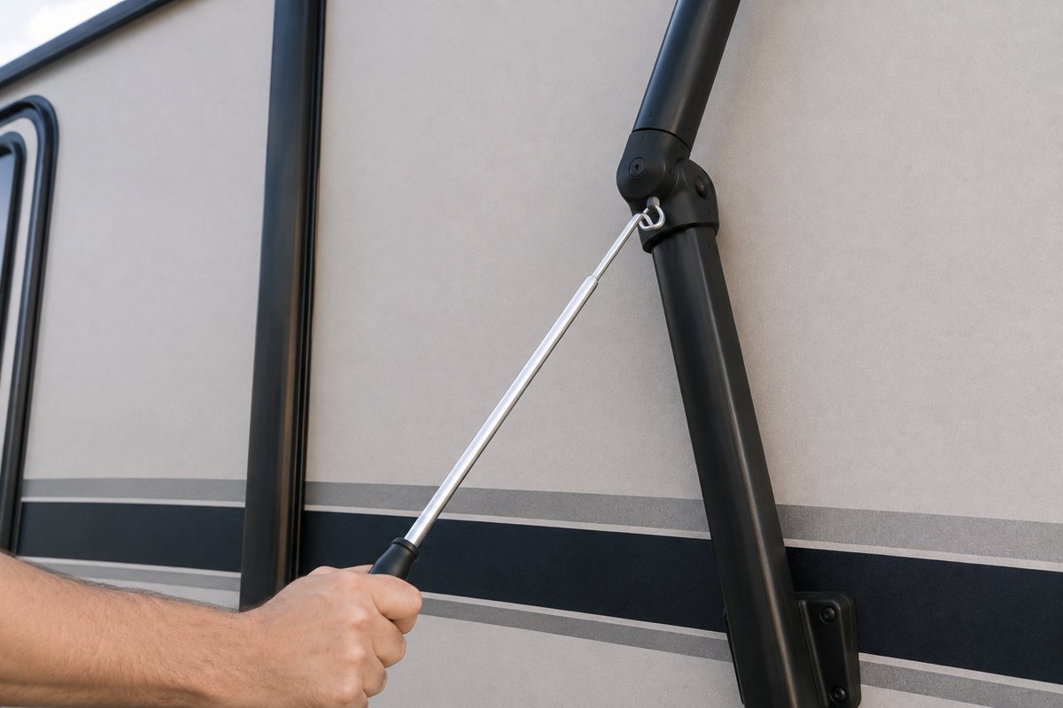 A manual RV awning being rolled out by hand with a crank wand hooked into the awning arm