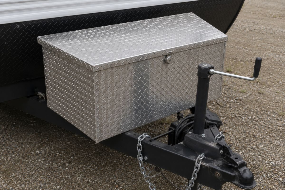 Diamond plate aluminum battery box mounted on a travel trailer A frame tongue with a lock on the lid