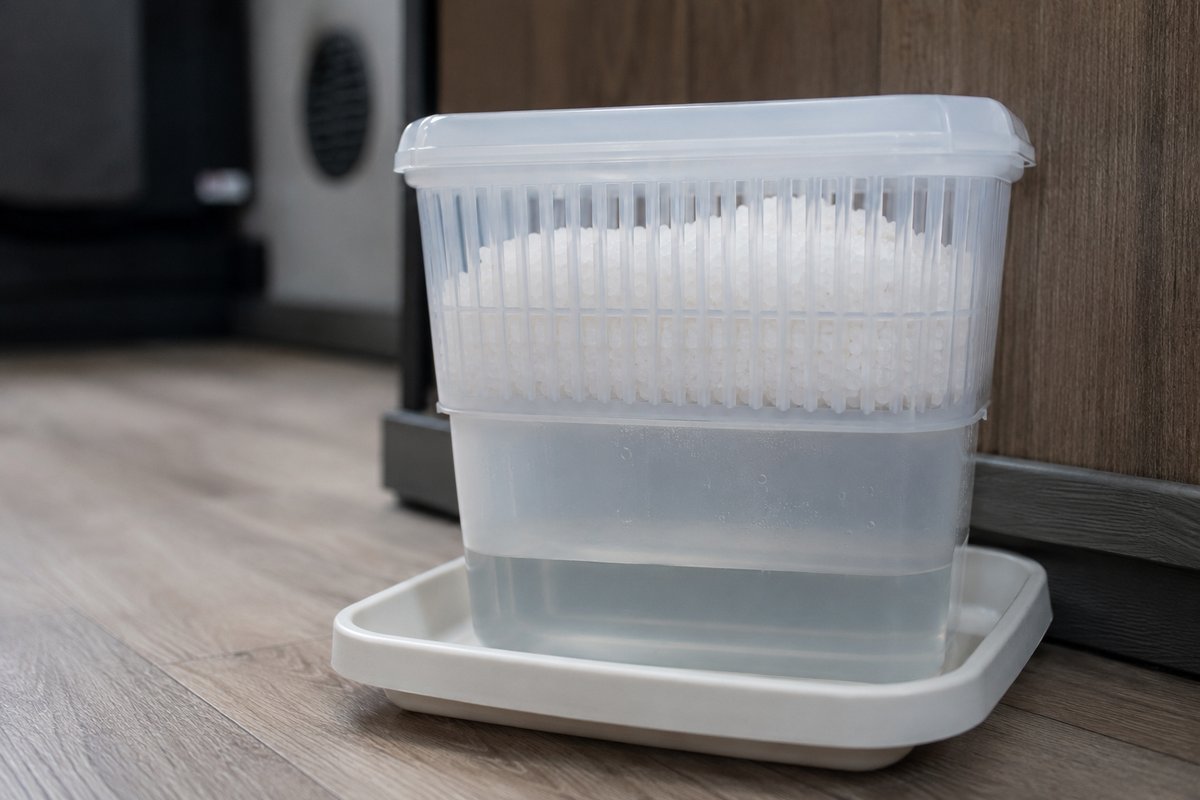 A translucent two-chamber moisture absorber on an RV floor, standing on a shallow drip tray, with white crystals in the upper basket and several inches of collected brine visible in the lower chamber.