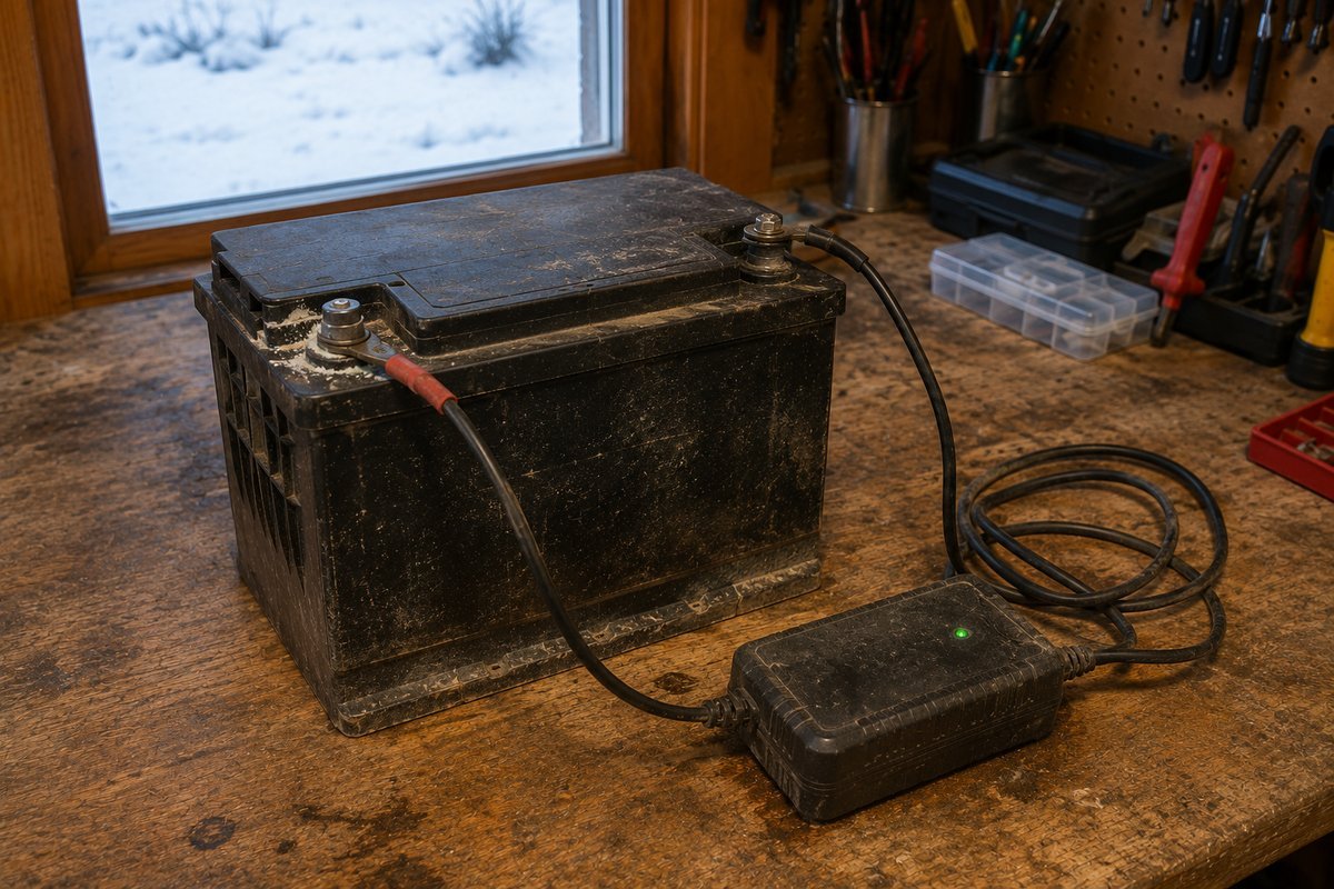 A dirty, well-used 12-volt RV battery on a workbench with heavy white corrosion crusting around one terminal and a battery maintainer connected, its green light lit.