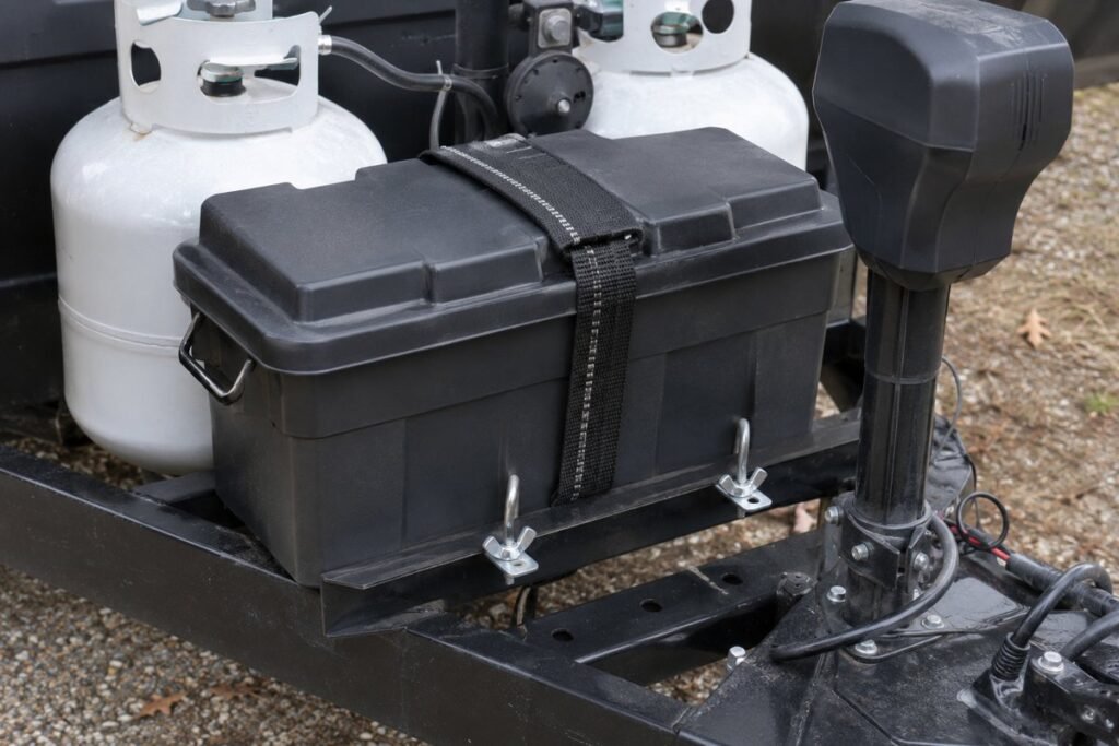Plastic RV battery box strapped to a travel trailer tongue