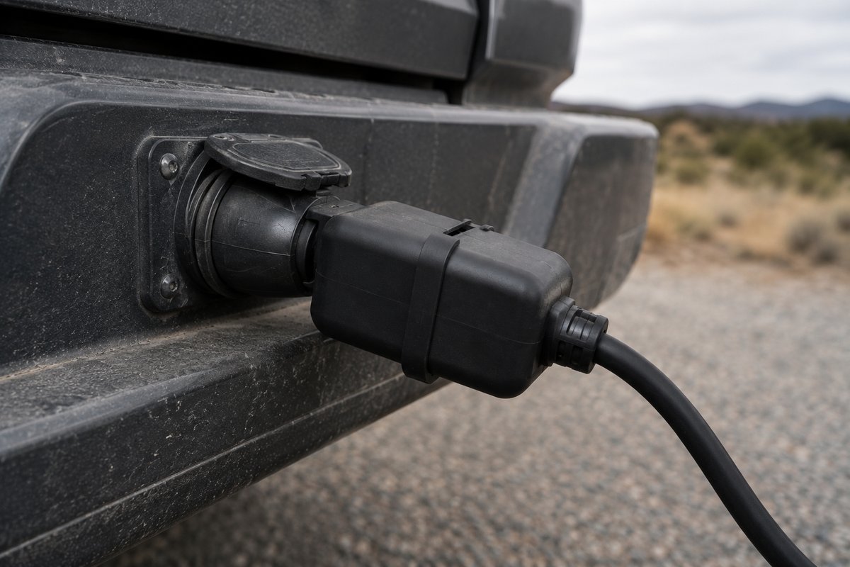 A portable trailer brake controller plugged into the truck seven way connector, with no wiring run into the cab