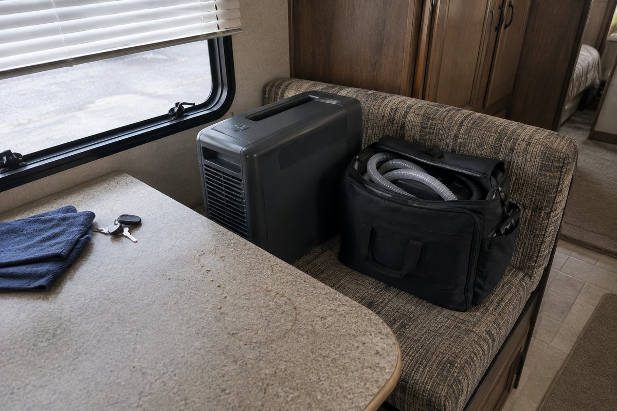 Portable power station on an RV dinette bench beside an open CPAP travel bag, shown for size comparison