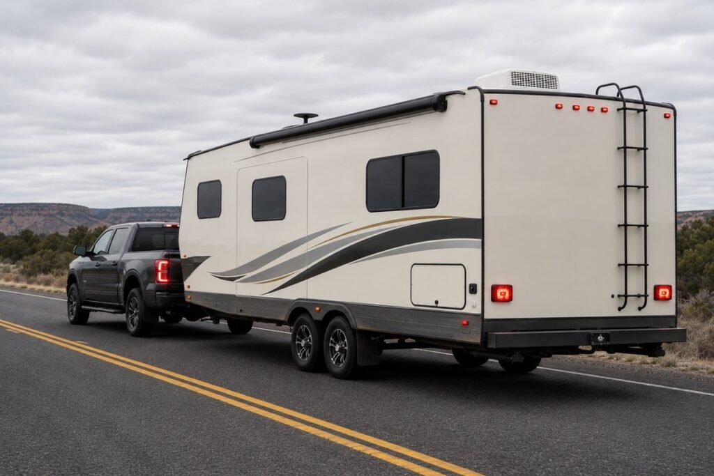 A proportional brake controller keeps a travel trailer square behind the tow vehicle as the rig slows on a dry road