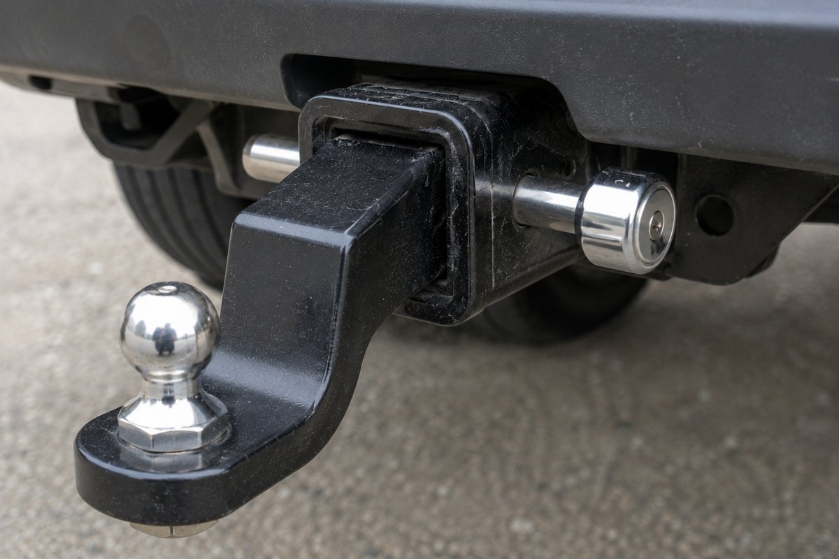 RV hitch lock pin with a round key head passing through a truck hitch receiver and the ball mount inside it