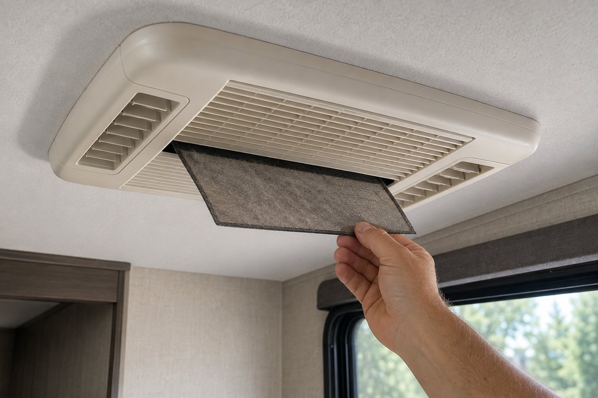 Dusty return air filter pulled out of the ceiling assembly of an RV air conditioner