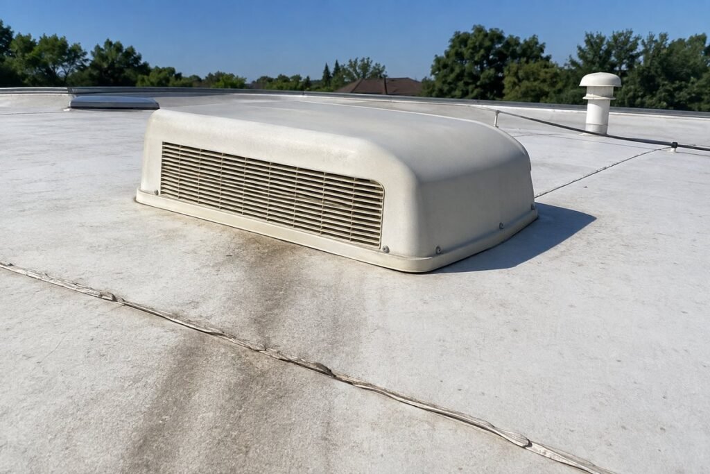 RV air conditioner unit on the roof of a travel trailer, louvered grille and roof seam visible