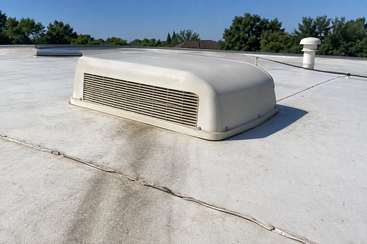 RV air conditioner unit on the roof of a travel trailer, louvered grille and roof seam visible