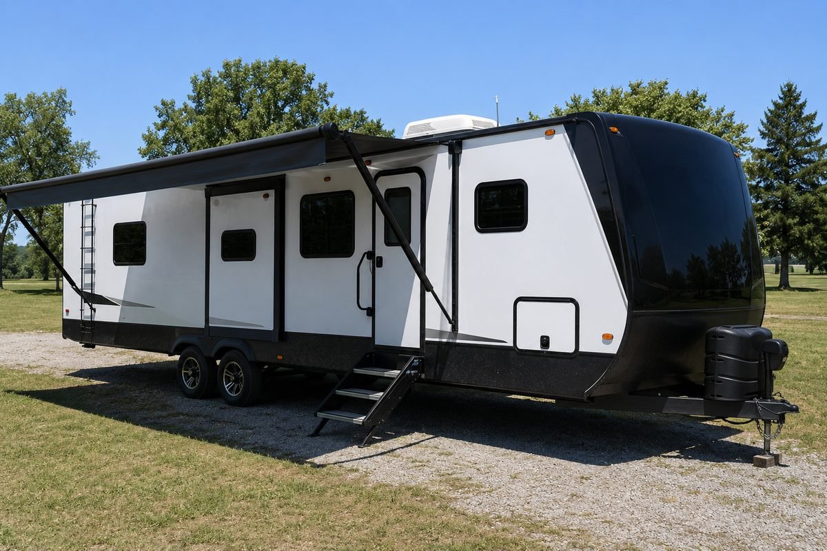 Travel trailer in full summer sun with the awning out and the air conditioner on the roof