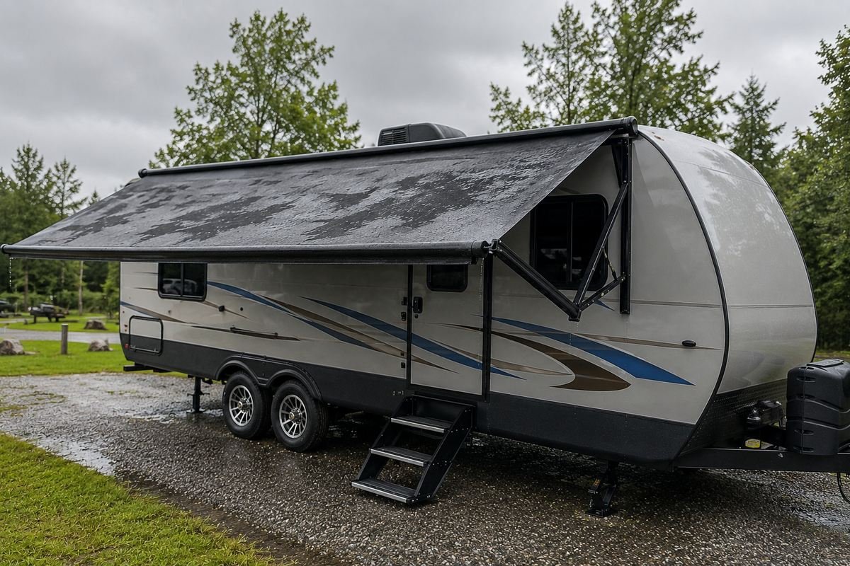 A wet RV awning left extended to air dry before rolling it back up