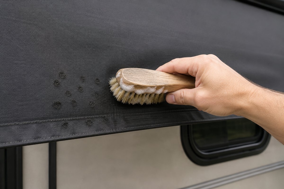 A soapy brush used to clean RV awning fabric where mildew has spotted the hem