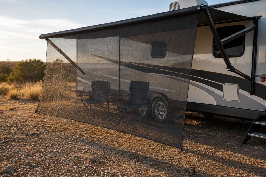An RV awning shade hanging from the awning roller and staked to the ground, blocking low afternoon sun from the chairs behind it