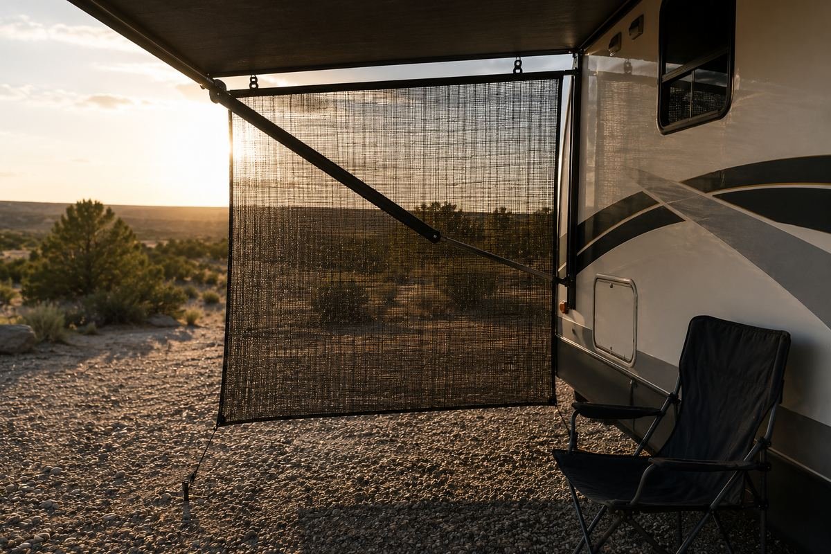 A side panel closing the open end of an RV awning against low afternoon sun