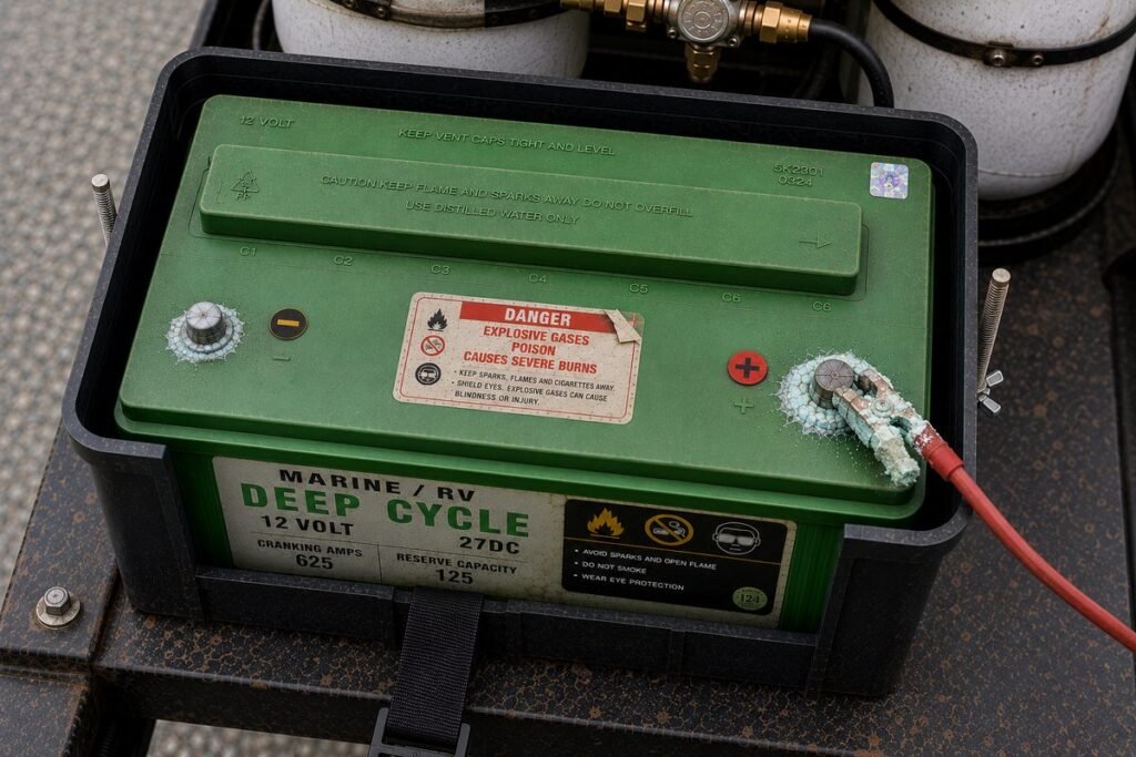 Flooded lead acid deep cycle RV battery in an open black battery box on a travel trailer tongue, with corrosion on the positive terminal and propane tanks behind