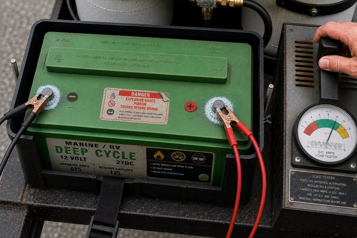 Carbon pile load tester clamped to the posts of an RV deep cycle battery on a travel trailer tongue, gauge needle in the green band