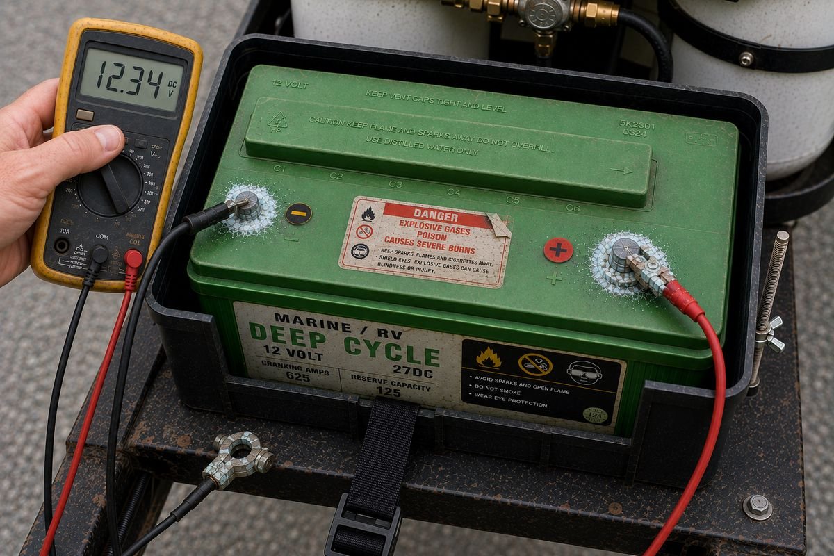 Digital multimeter reading 12.34 volts across the posts of an RV deep cycle battery with the negative cable disconnected