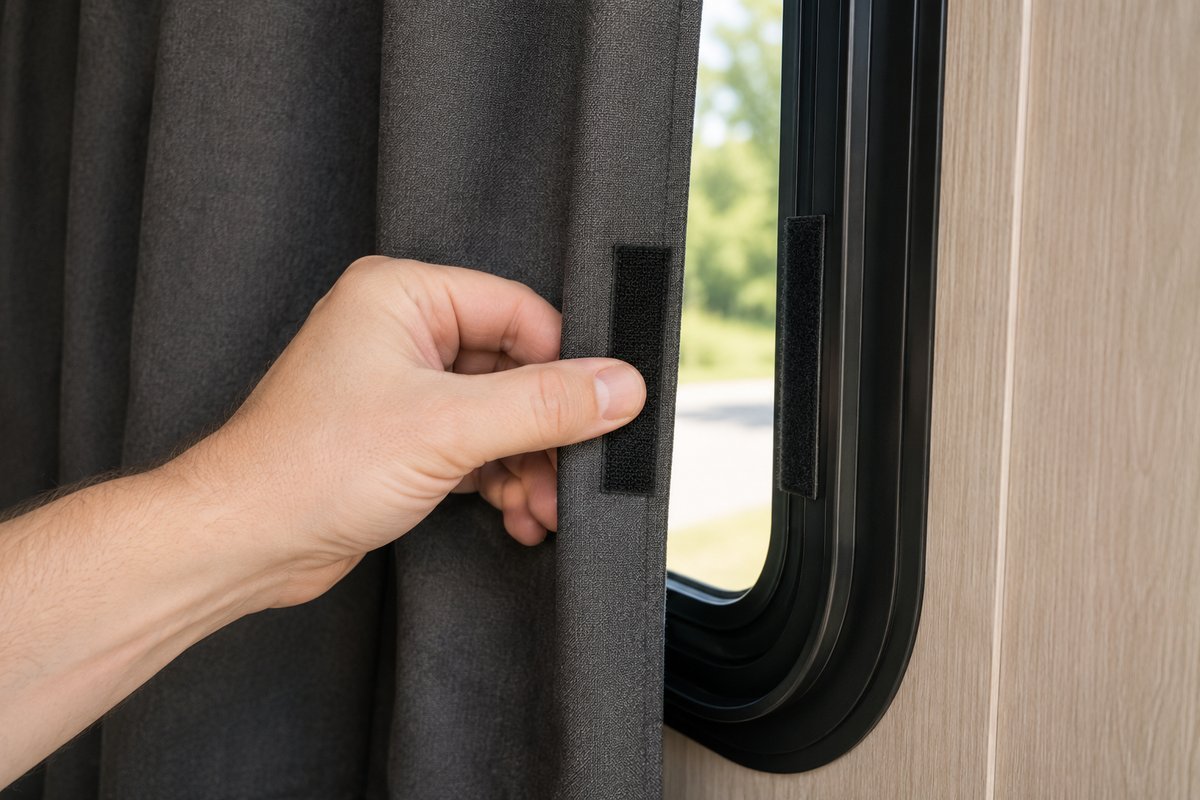 Hand pressing a Velcro strip to seal the edge of an RV blackout curtain against the window frame