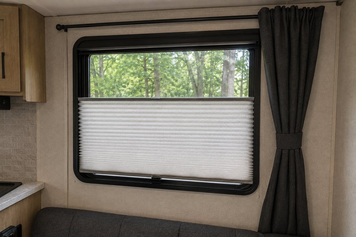 An RV window with factory day and night shades layered under a set of open RV blackout curtains