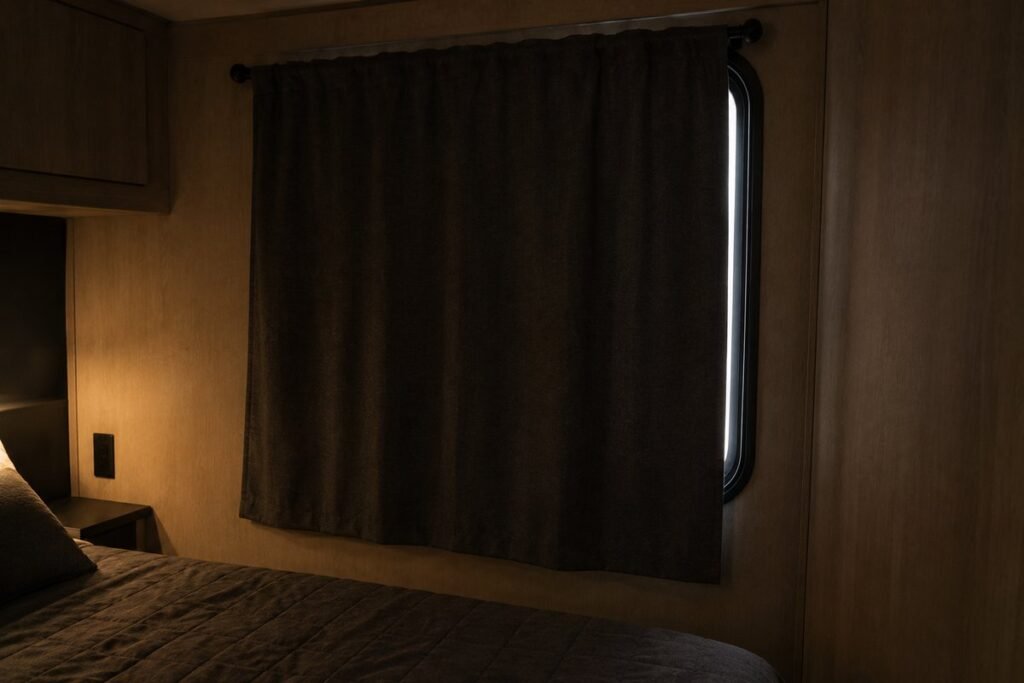 RV blackout curtain closed over a window with a sliver of light leaking along one edge