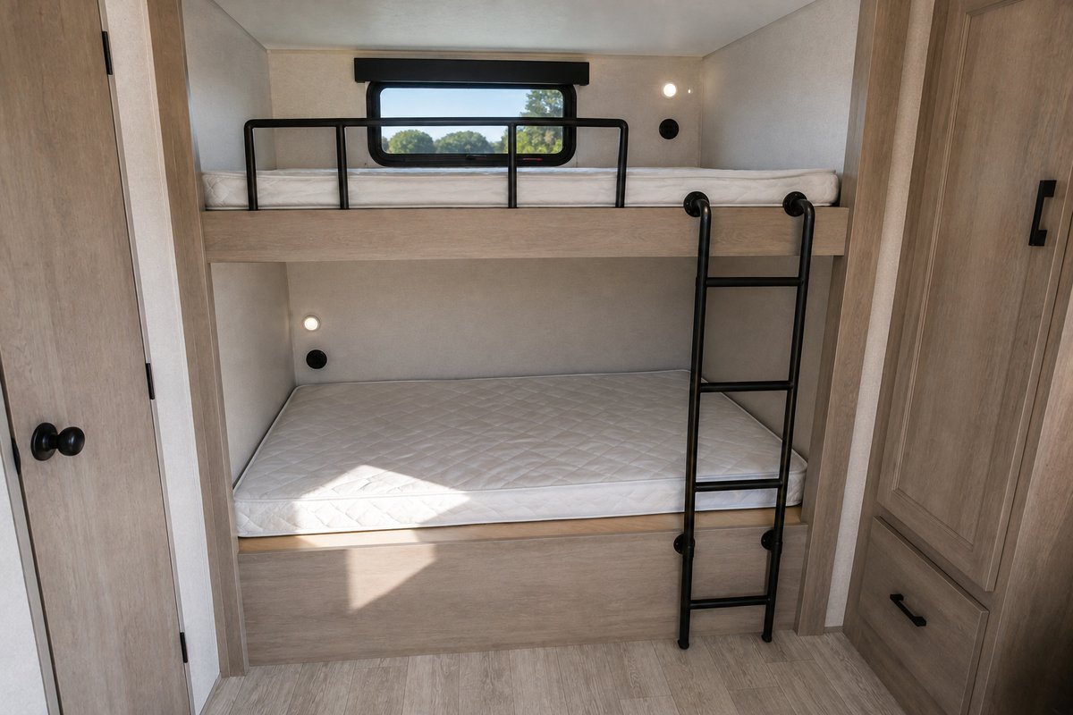 Thin bare bunk mattresses on the plywood decks of a travel trailer bunk alcove, with a black ladder and a safety rail on the upper bunk