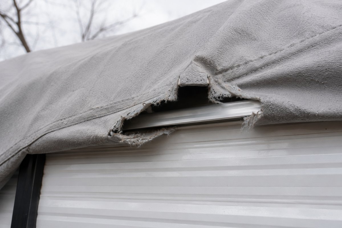 A gray RV cover torn open along the narrow aluminum drip rail at the roof edge of a travel trailer, with frayed fabric around the hole and the metal edge showing through
