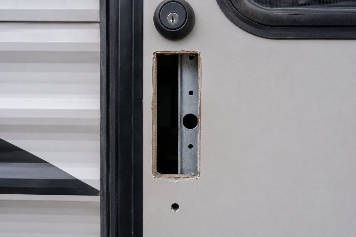 Travel trailer door with the lock removed, showing the rectangular cutout and the metal frame inside