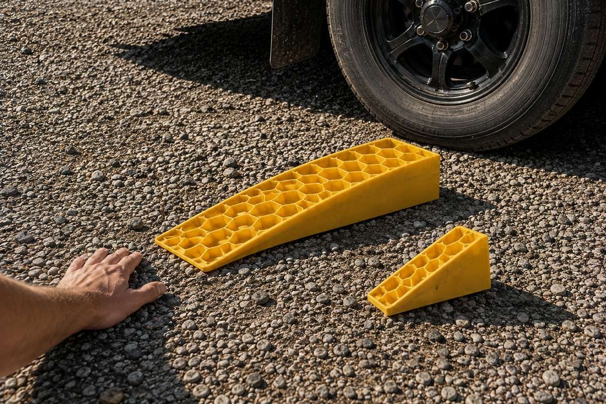 Curved drive-on leveler and its chock set in front of a travel trailer tire on gravel
