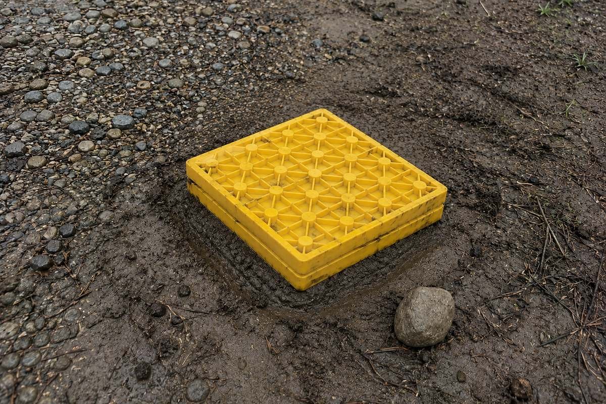 Two RV leveling blocks pressed into soft ground with a loose stone beside them